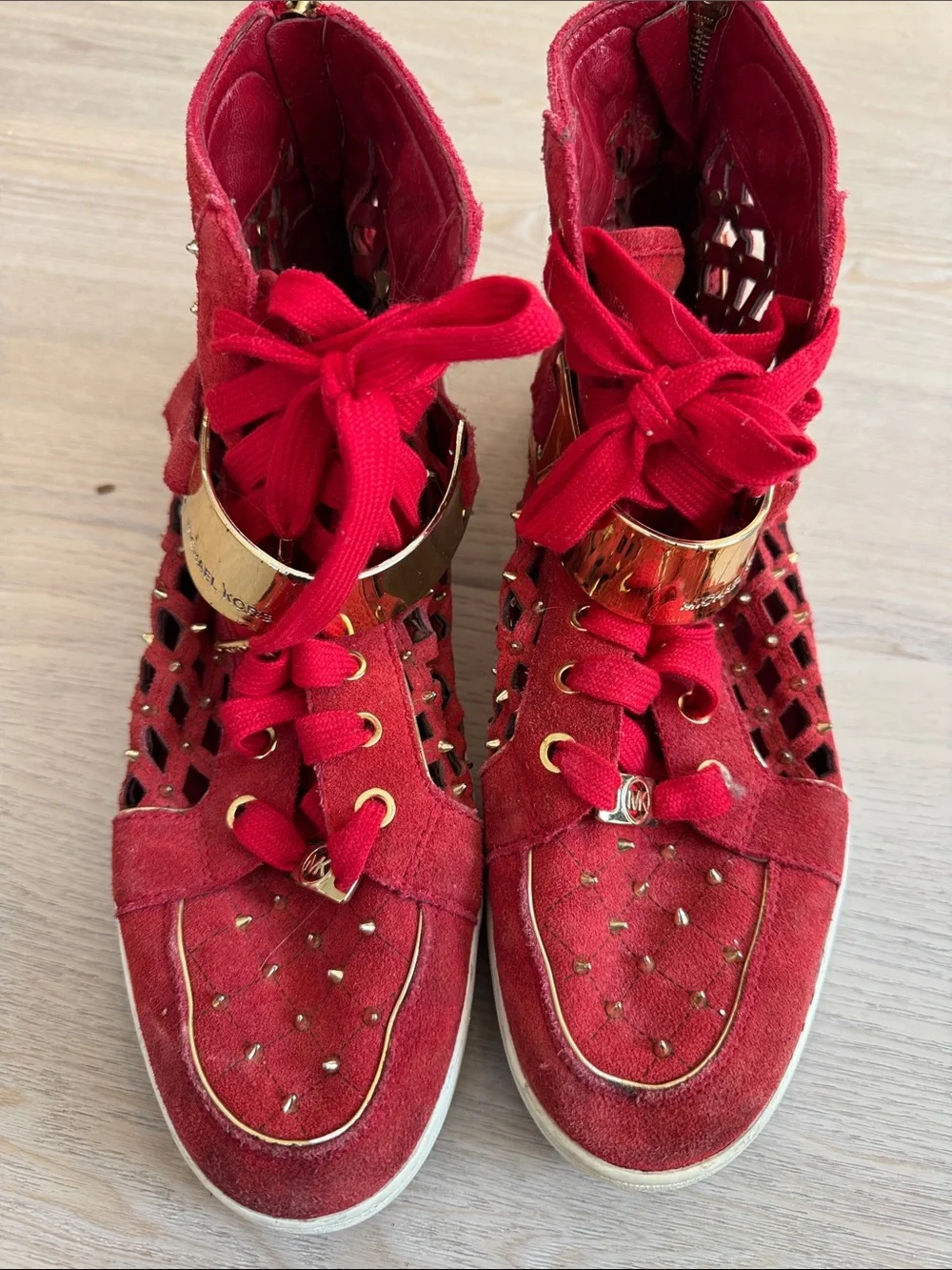 Michael Kors Red Suede High-Top Sneakers with Gold Hardware